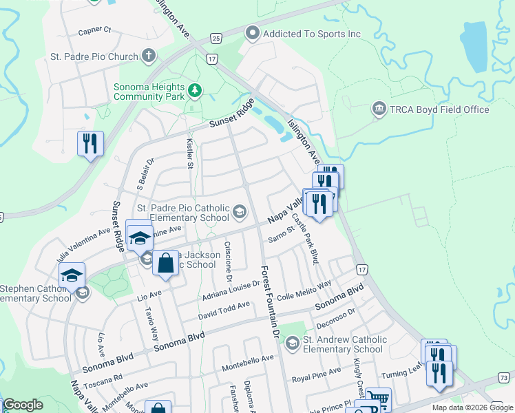map of restaurants, bars, coffee shops, grocery stores, and more near 401 Forest Fountain Drive in Vaughan