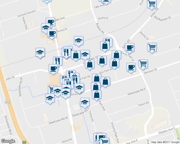 map of restaurants, bars, coffee shops, grocery stores, and more near 190 Don Park Road in Markham