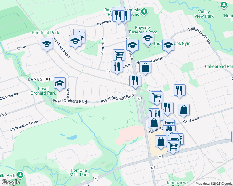 map of restaurants, bars, coffee shops, grocery stores, and more near in Markham