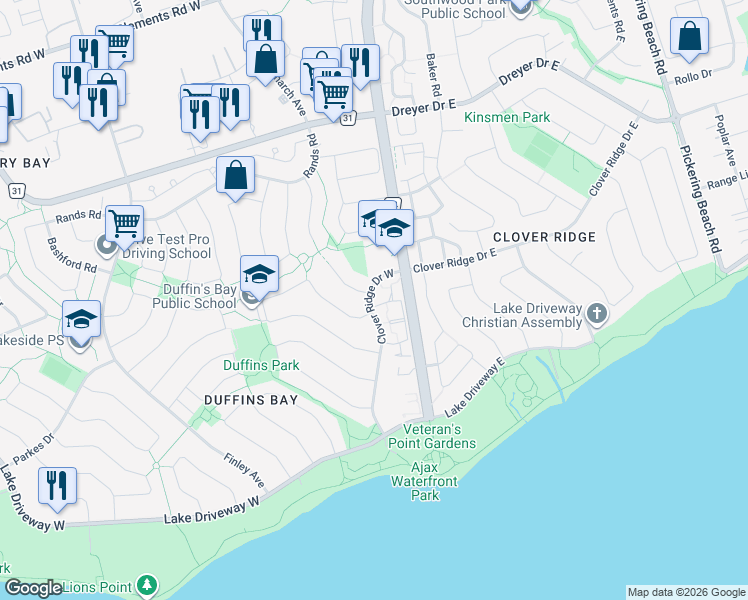 map of restaurants, bars, coffee shops, grocery stores, and more near 31 Clover Ridge Drive West in Ajax