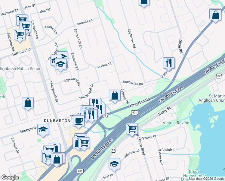 map of restaurants, bars, coffee shops, grocery stores, and more near 1744 Fairport Road in Pickering