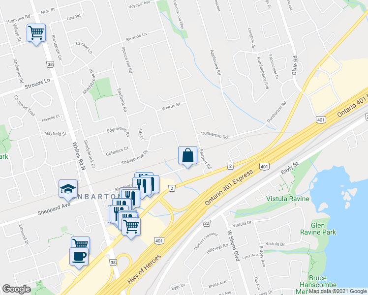 map of restaurants, bars, coffee shops, grocery stores, and more near 1725 Spruce Hill Road in Pickering