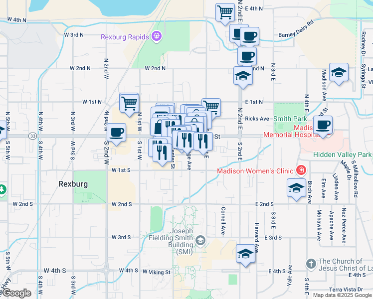 map of restaurants, bars, coffee shops, grocery stores, and more near 30 College Avenue in Rexburg