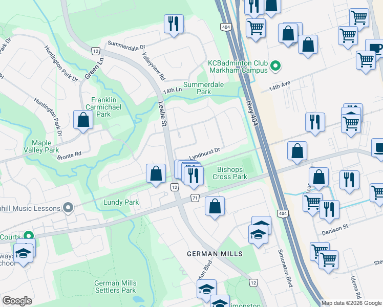 map of restaurants, bars, coffee shops, grocery stores, and more near 129 Lyndhurst Drive in Markham