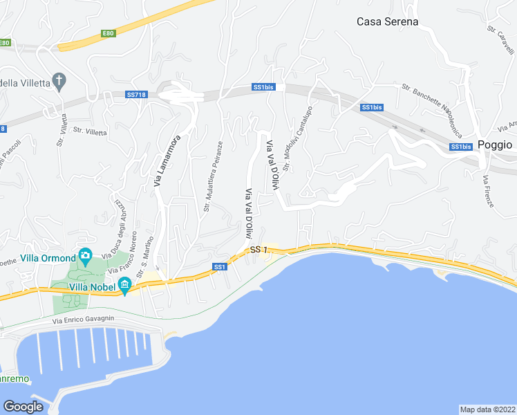 map of restaurants, bars, coffee shops, grocery stores, and more near 76 Via delle Ginestre in Sanremo