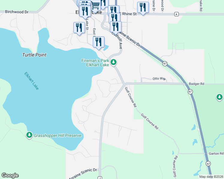 map of restaurants, bars, coffee shops, grocery stores, and more near 114 Point Elkhart Drive in Elkhart Lake