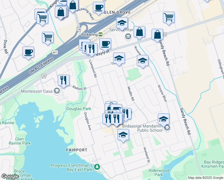 map of restaurants, bars, coffee shops, grocery stores, and more near 876 Antonio Street in Pickering