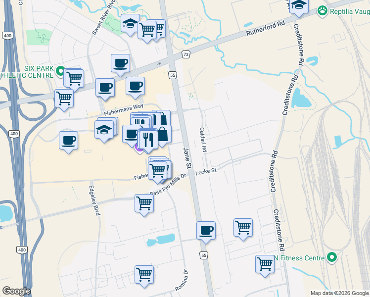map of restaurants, bars, coffee shops, grocery stores, and more near 8960 Jane Street in Vaughan