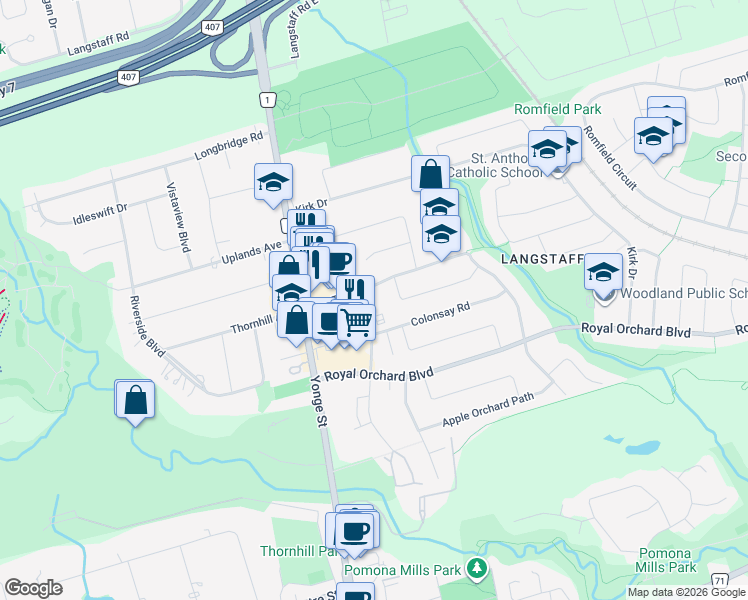 map of restaurants, bars, coffee shops, grocery stores, and more near 111 Inverlochy Boulevard in Markham