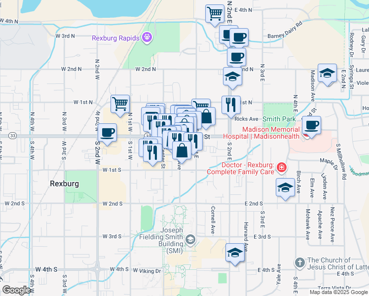 map of restaurants, bars, coffee shops, grocery stores, and more near 48-52 S 1st E in Rexburg
