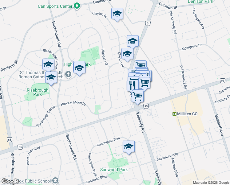 map of restaurants, bars, coffee shops, grocery stores, and more near 135 Appleby Crescent in Markham