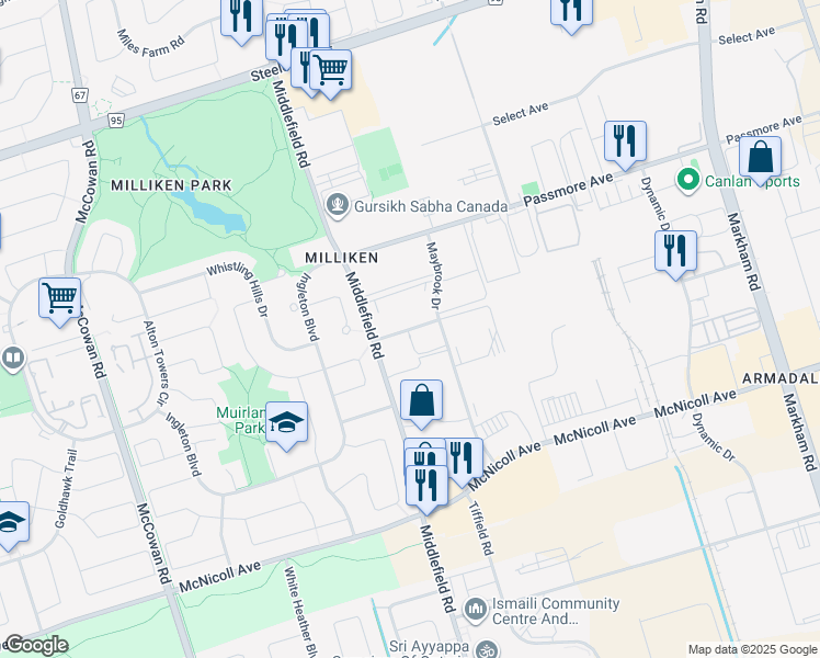 map of restaurants, bars, coffee shops, grocery stores, and more near 69 Newmill Gate in Toronto