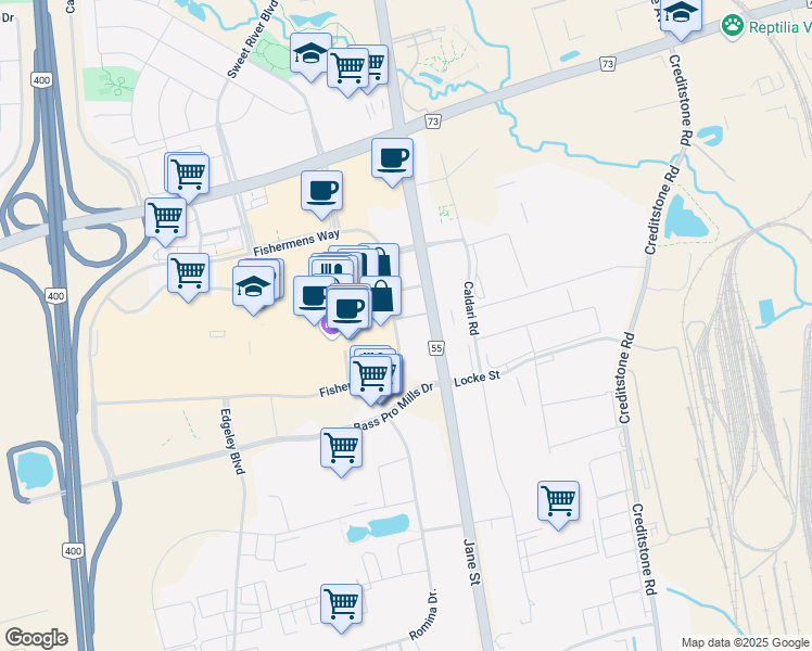 map of restaurants, bars, coffee shops, grocery stores, and more near 27 Korda Gate in Vaughan