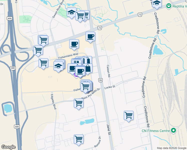 map of restaurants, bars, coffee shops, grocery stores, and more near 27 Korda Gate in Vaughan