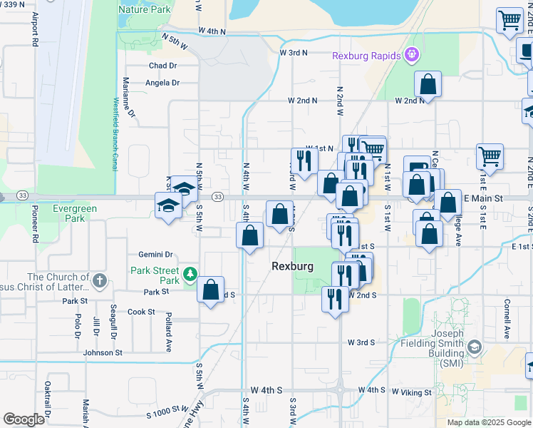 map of restaurants, bars, coffee shops, grocery stores, and more near 342 West 1st South in Rexburg