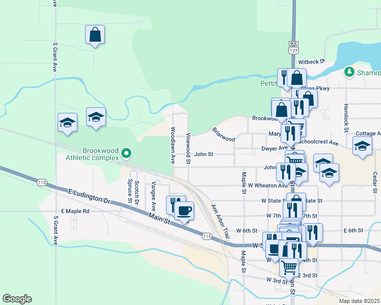 map of restaurants, bars, coffee shops, grocery stores, and more near 1210 Vinewood Street in Clare