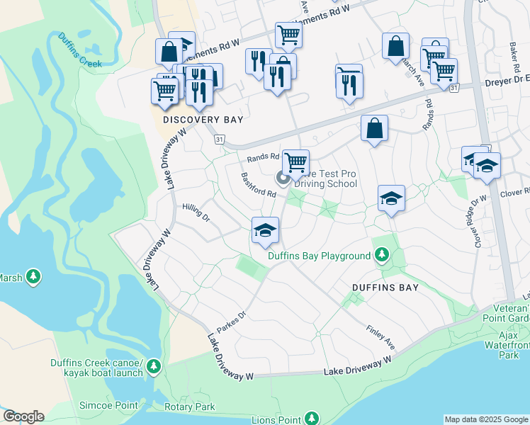map of restaurants, bars, coffee shops, grocery stores, and more near 262 Rands Road in Ajax