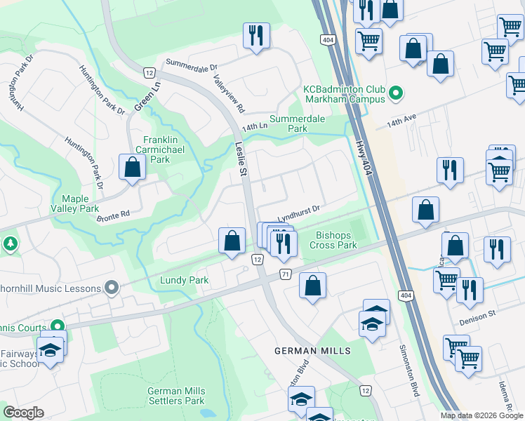 map of restaurants, bars, coffee shops, grocery stores, and more near 151 Lyndhurst Drive in Markham