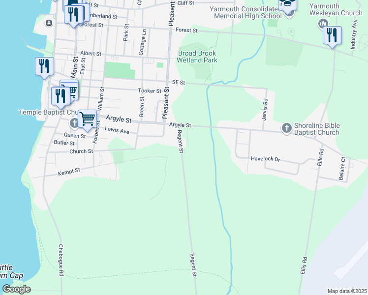 map of restaurants, bars, coffee shops, grocery stores, and more near 16 Regent Street in Yarmouth