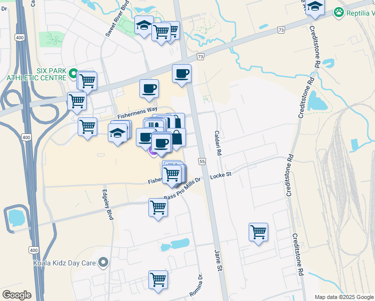 map of restaurants, bars, coffee shops, grocery stores, and more near in Vaughan