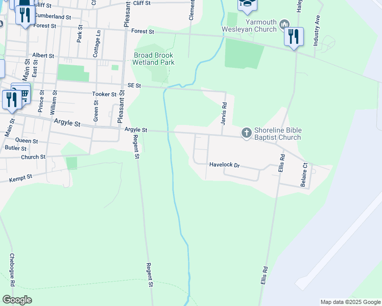 map of restaurants, bars, coffee shops, grocery stores, and more near 13 Havelock Drive in Yarmouth