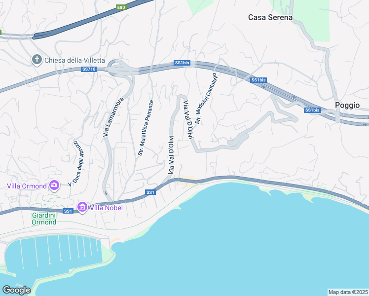 map of restaurants, bars, coffee shops, grocery stores, and more near 76 Via delle Ginestre in Sanremo