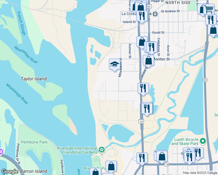 map of restaurants, bars, coffee shops, grocery stores, and more near 205 Causeway Blvd in La Crosse