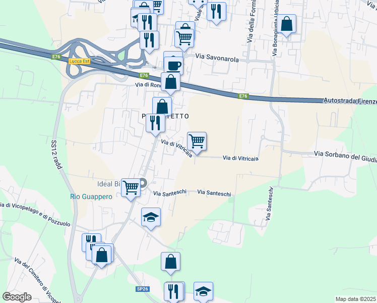 map of restaurants, bars, coffee shops, grocery stores, and more near 241 Via di Vitricaia in Lucca