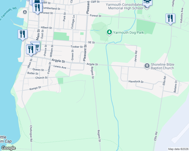 map of restaurants, bars, coffee shops, grocery stores, and more near 16 Regent Street in Yarmouth