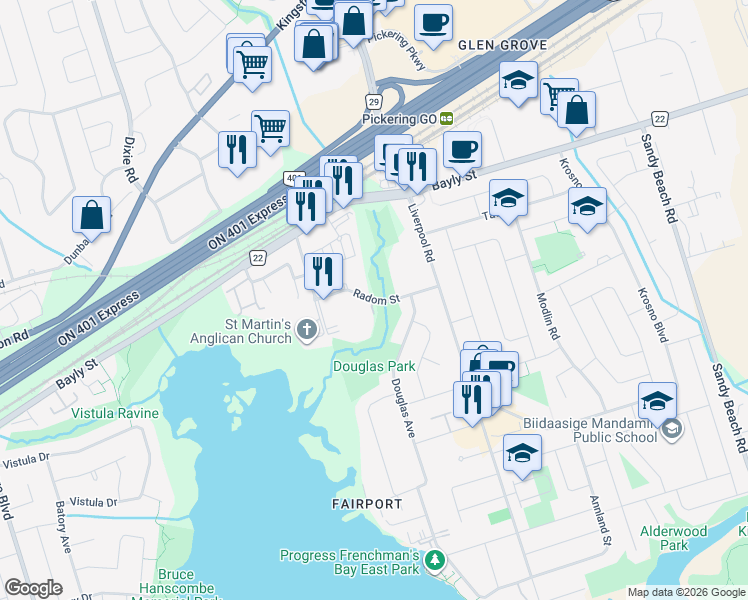 map of restaurants, bars, coffee shops, grocery stores, and more near 1248 Radom Street in Pickering