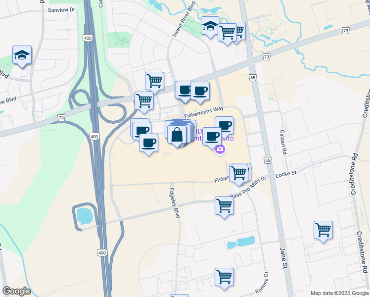 map of restaurants, bars, coffee shops, grocery stores, and more near 1 Bass Pro Mills Drive in Concord
