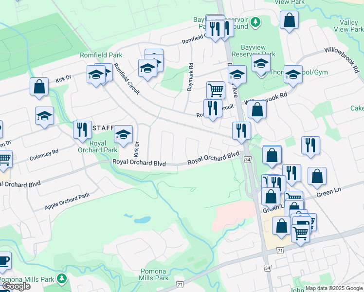 map of restaurants, bars, coffee shops, grocery stores, and more near 12 Blue Spruce Lane in Markham