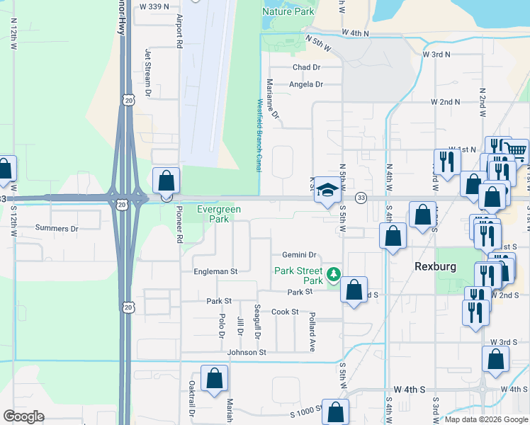 map of restaurants, bars, coffee shops, grocery stores, and more near 665 West Main Street in Rexburg