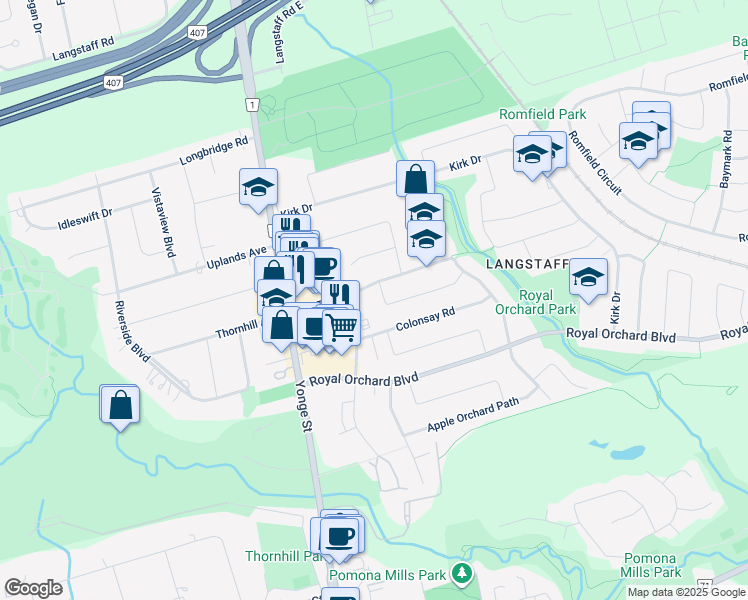 map of restaurants, bars, coffee shops, grocery stores, and more near 111 Inverlochy Boulevard in Markham