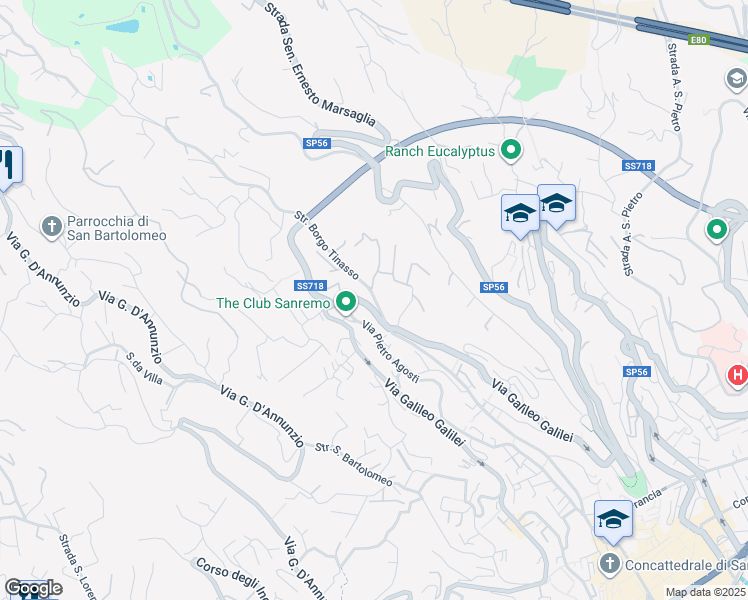 map of restaurants, bars, coffee shops, grocery stores, and more near 38 Strada Borgo Tinasso in Sanremo