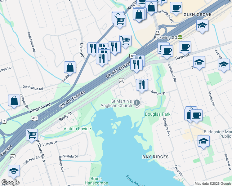 map of restaurants, bars, coffee shops, grocery stores, and more near 1100 Begley Street in Pickering