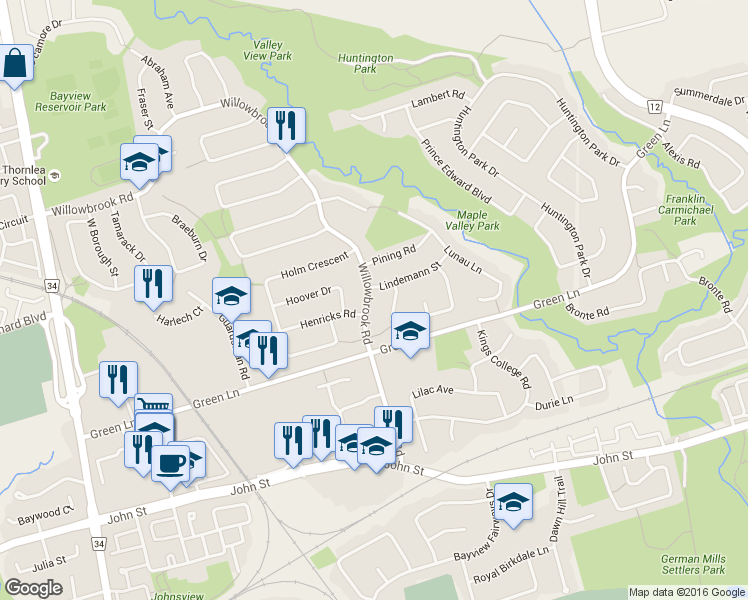 map of restaurants, bars, coffee shops, grocery stores, and more near 190 Willowbrook Road in Markham