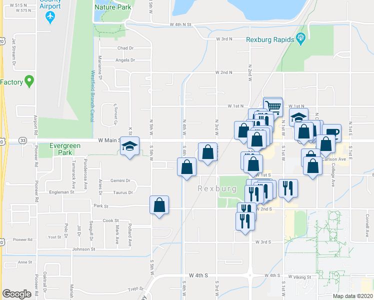 map of restaurants, bars, coffee shops, grocery stores, and more near 7 South 4th West in Rexburg