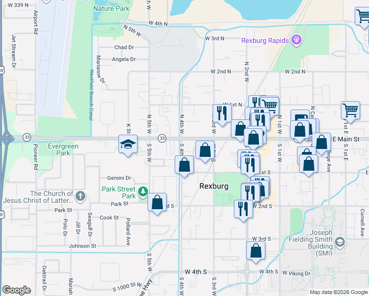map of restaurants, bars, coffee shops, grocery stores, and more near 7 South 4th West in Rexburg