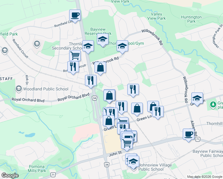 map of restaurants, bars, coffee shops, grocery stores, and more near 77 Tamarack Drive in Markham