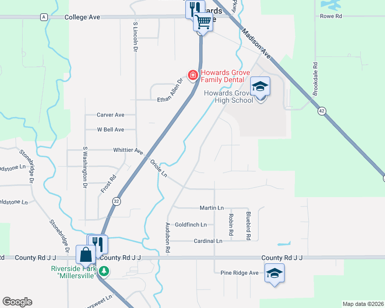 map of restaurants, bars, coffee shops, grocery stores, and more near 737 Audubon Road in Howards Grove