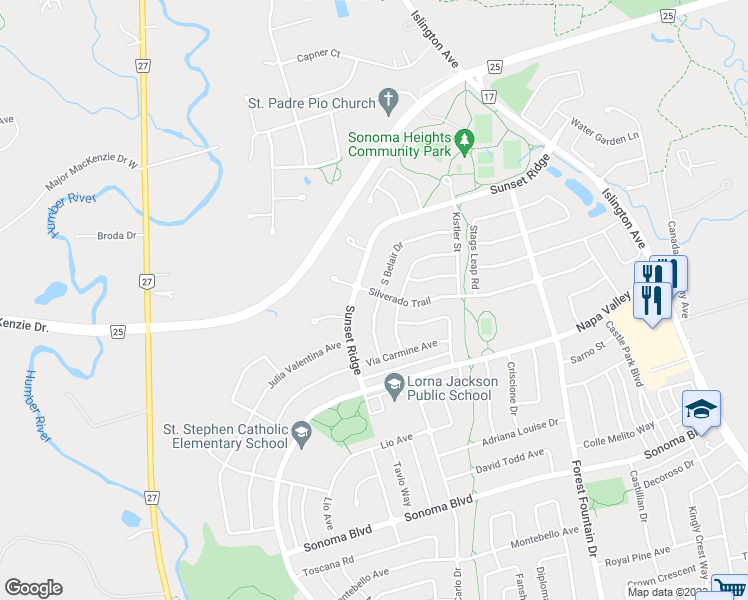 map of restaurants, bars, coffee shops, grocery stores, and more near 255 Silverado Trail in Vaughan