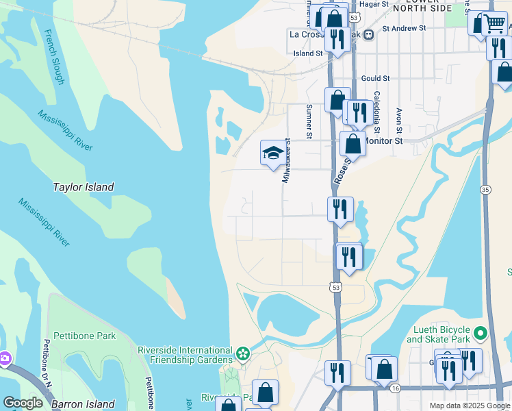 map of restaurants, bars, coffee shops, grocery stores, and more near 205 Causeway Boulevard in La Crosse