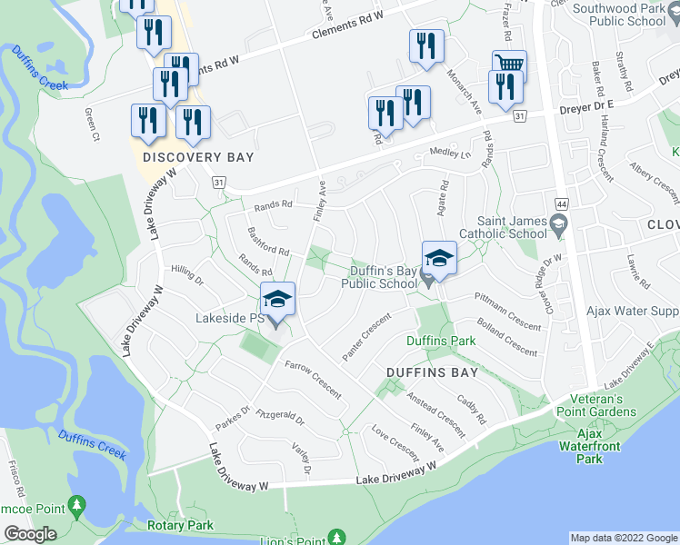 map of restaurants, bars, coffee shops, grocery stores, and more near 34 Brooksbank Crescent in Ajax