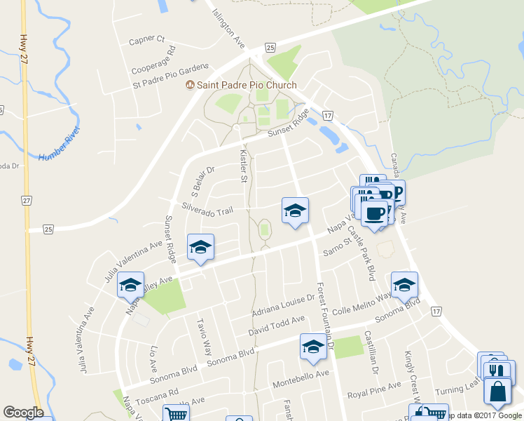 map of restaurants, bars, coffee shops, grocery stores, and more near 131 Silverado Trail in Vaughan