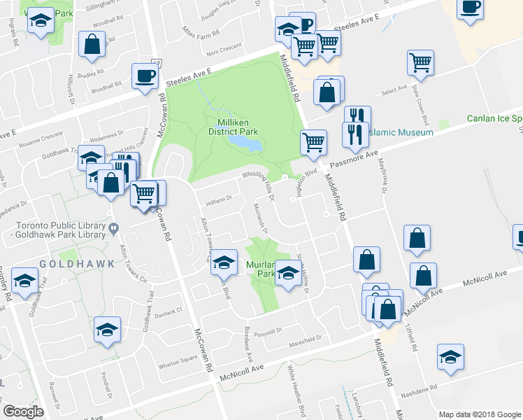 map of restaurants, bars, coffee shops, grocery stores, and more near 77 Muirlands Drive in Toronto