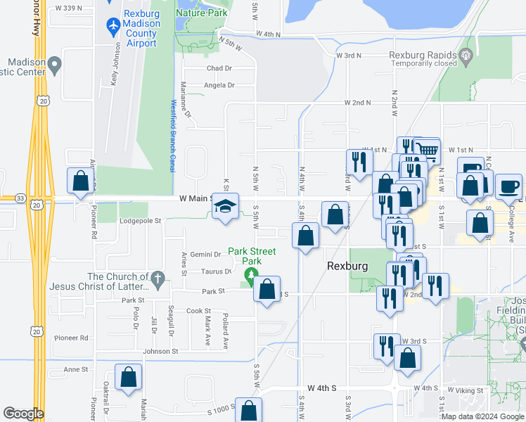 map of restaurants, bars, coffee shops, grocery stores, and more near 23 South 5th West in Rexburg