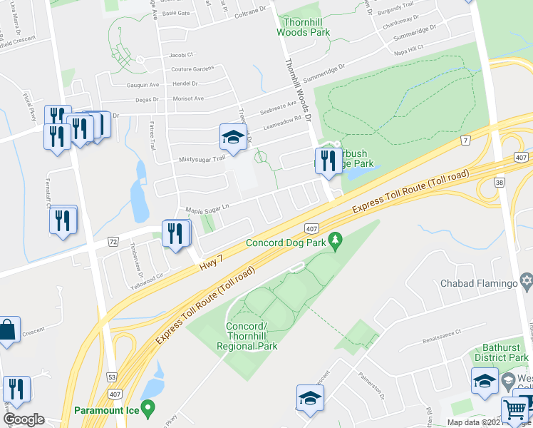 map of restaurants, bars, coffee shops, grocery stores, and more near 76 Daniel Reaman Crescent in Vaughan