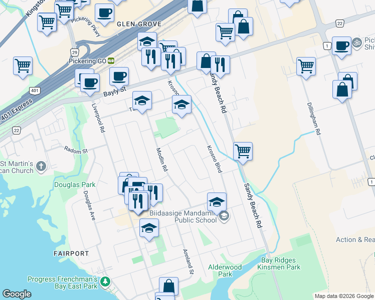 map of restaurants, bars, coffee shops, grocery stores, and more near 855 Miriam Road in Pickering