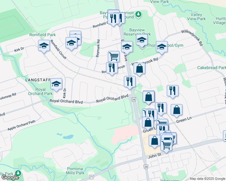 map of restaurants, bars, coffee shops, grocery stores, and more near 250 Royal Orchard Boulevard in Markham